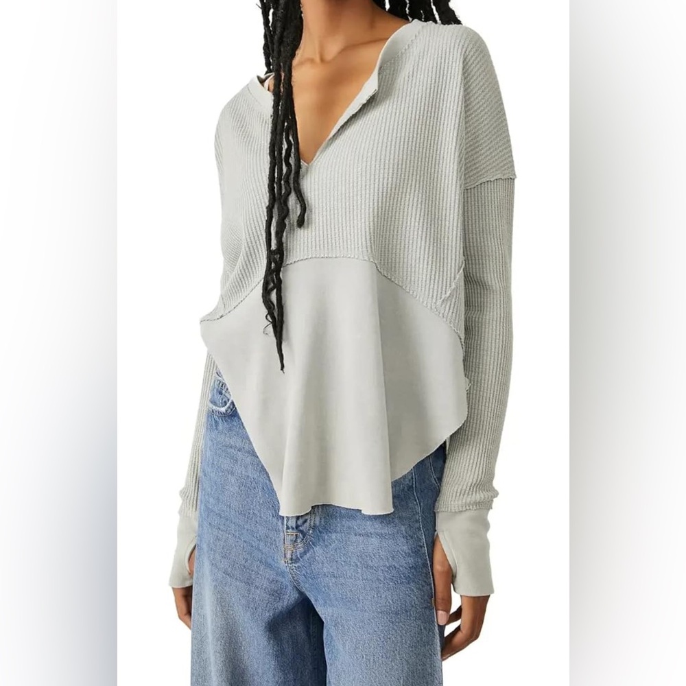 Free People Monterey Thermal Oversized Long Sleeve Top Light Grey Women Size L